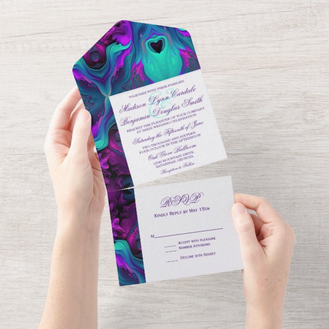 Invitation Tout En Un Turquoise violet Abstrait Moderne Belle (Déchirure)