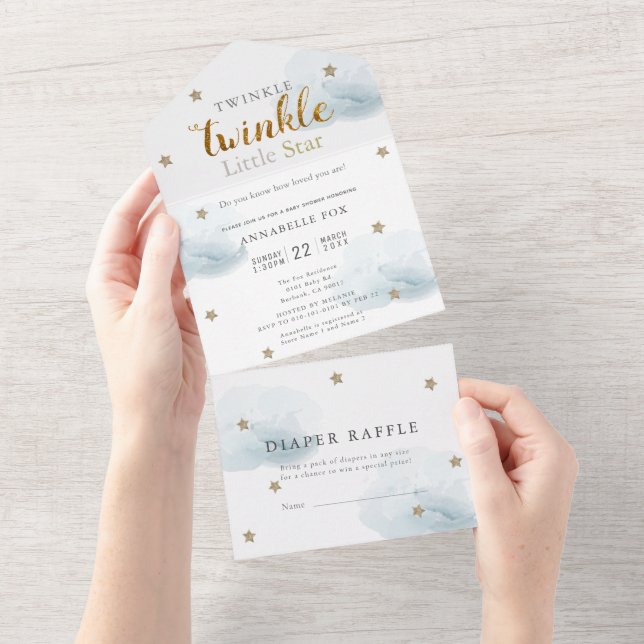Invitation Tout En Un Twinkle Little Star Blue Diaper Baby shower (Déchirure)