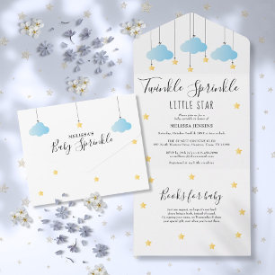 Invitation Tout En Un Twinkle Sprinkle Blue Clouds Gold Star Baby shower