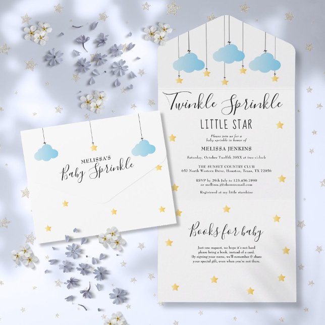 Invitation Tout En Un Twinkle Sprinkle Blue Clouds Gold Star Baby shower (Twinkle Sprinkle Blue Clouds Gold Star Baby Shower All In One Invitation)
