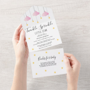 Invitation Tout En Un Twinkle Sprinkle Gold Stars Baby shower nuage rose