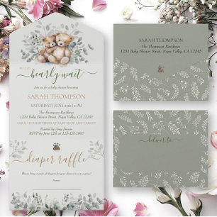 Invitation Tout En Un Twins Genre Neutre Teddy Ours Baby shower bébé