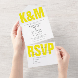 Invitation Tout En Un Type moderne Gras + Mariage Monogramme Jaune