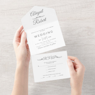 Invitation Tout En Un Typographie grise moderne sur mariage blanc