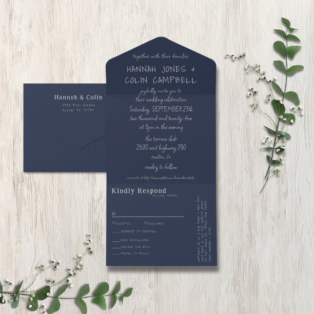 Invitation Tout En Un Typographie manuscrite décontractée Silver & Navy (Créateur téléchargé)