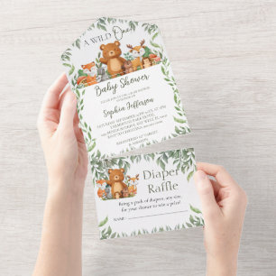 Invitation Tout En Un Un Baby shower sauvage ONE Green Bois Animaux