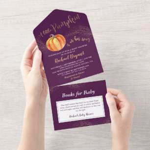 Invitation Tout En Un Un petit Citrouille Parties scintillant or violet 
