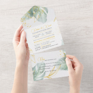 Invitation Tout En Un Unique Sage Green et Gold Tropical Feuille Mariage