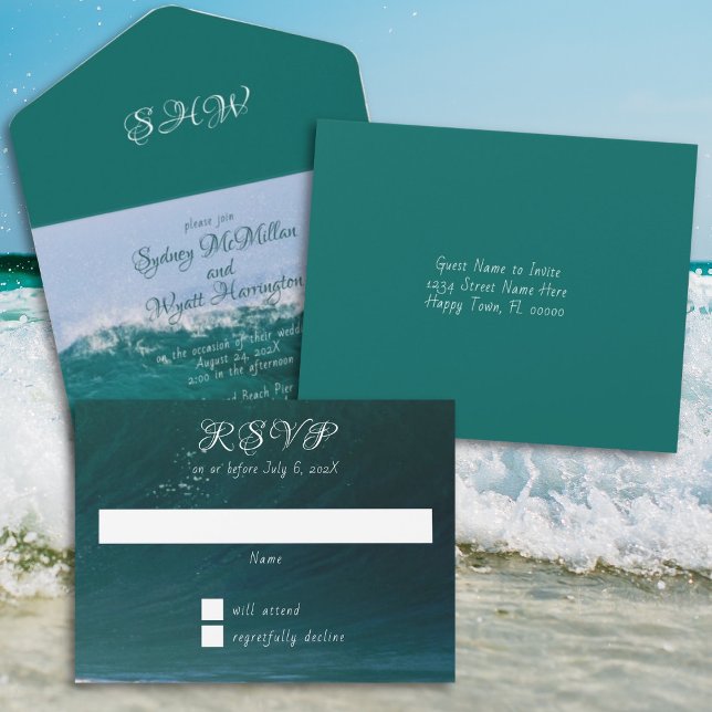 Invitation Tout En Un Vague Océanique Vert de Mer de Mariage (Créateur téléchargé)