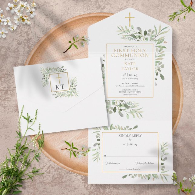 Invitation Tout En Un Végétation botanique Première Communion sainte (Créateur téléchargé)