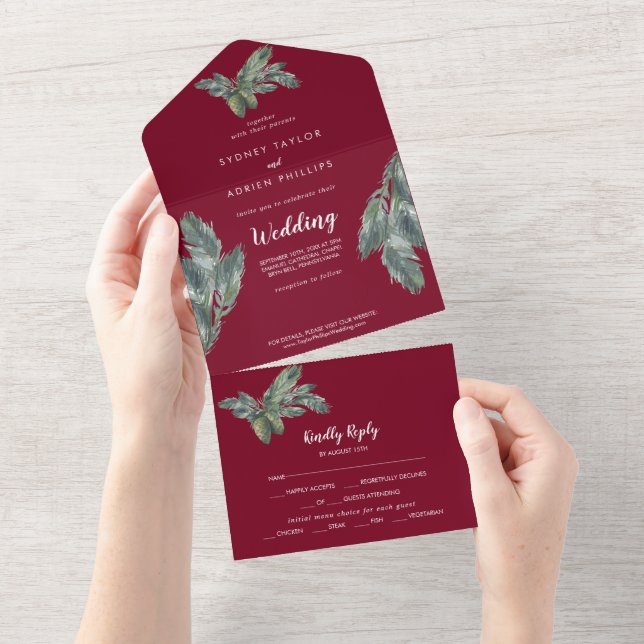 Invitation Tout En Un Végétation d'hiver Bourgogne Mariage (Déchirure)