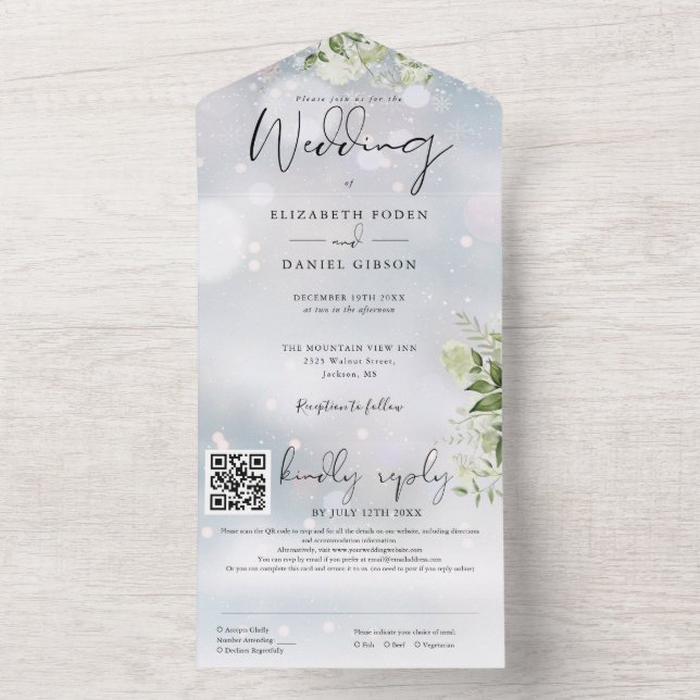 Invitation Tout En Un Végétation d'hiver Floral QR Code Mariage (À l'intérieur)