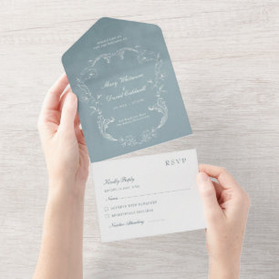 Invitation Tout En Un Velours Bleu Élégant Mariage Ornement Baroque