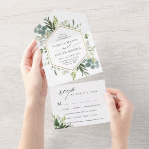 Invitation Tout En Un Verdure Aquarelle or Hexagon Mariage