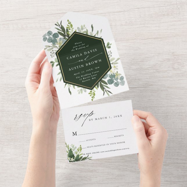 Invitation Tout En Un Verdure Aquarelle or Hexagon Mariage (Déchirure)