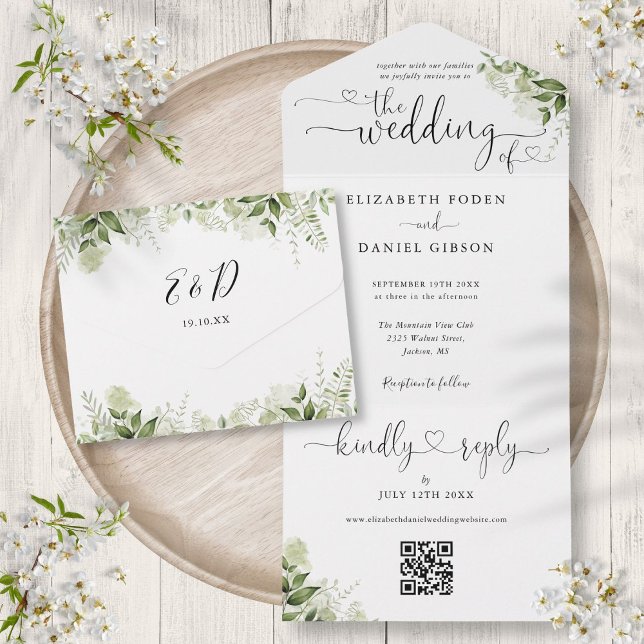 Invitation Tout En Un Verdure Élégant Script Hearts QR Code Mariage (Greenery Elegant Script Hearts QR Code Wedding All In One Invitation)
