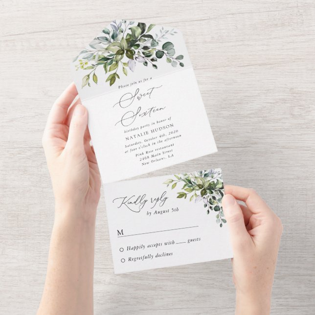 Invitation Tout En Un Verdure, Eucalyptus Feuilles, Boho, Sweet 16 (Déchirure)