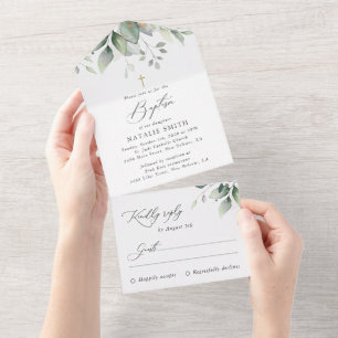 Invitation Tout En Un Verdure, Feuilles d'eucalyptus, Bohème, Baptême