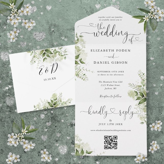 Invitation Tout En Un Verdure Floral Script Hearts QR Code Mariage (Greenery Floral Script Hearts QR Code Wedding All In One Invitation)