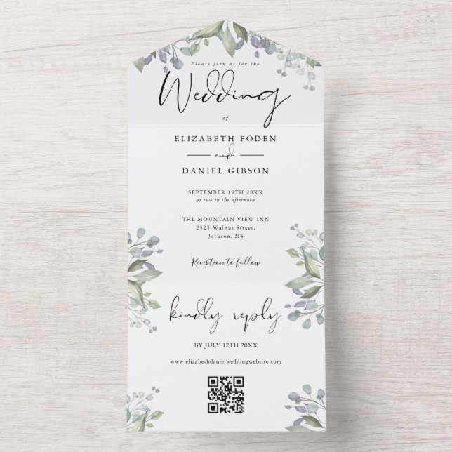 Invitation Tout En Un Verdure Foliage Élégant Script QR Code Mariage (À l'intérieur)