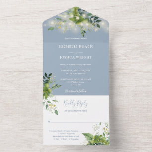 Invitation Tout En Un Verdure String Lumières Dusty Blue Mariage