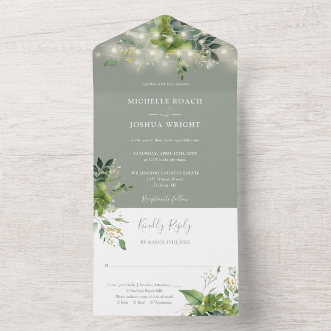 Invitation Tout En Un Verdure String Lumières Sage Green Mariage (À l'intérieur)