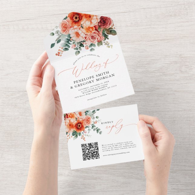 Invitation Tout En Un Verona Sunset Bright Orange Moderne Mariage Floral (Déchirure)