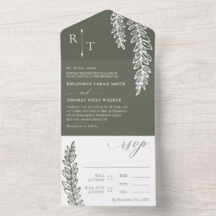 Invitation Tout En Un Vert blanc olive Mariage monogramme