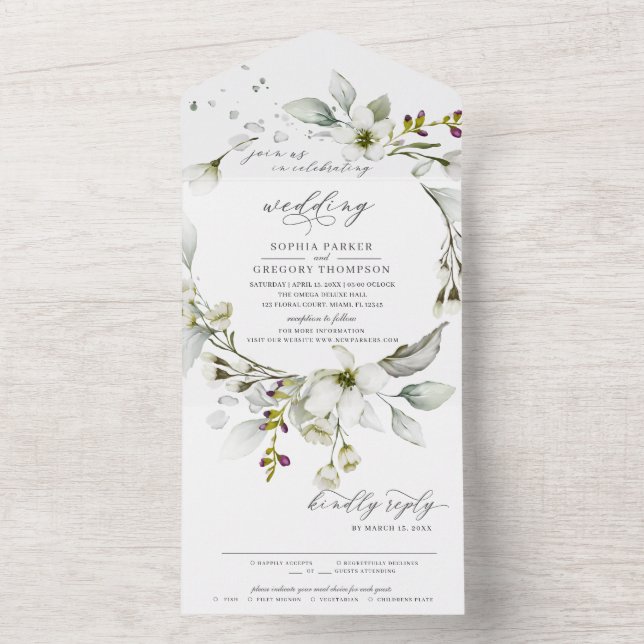Invitation Tout En Un Vert clair | Floral Blanc Calligraphique Mariage (À l'intérieur)