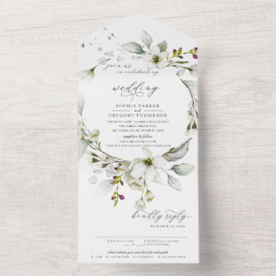 Invitation Tout En Un Vert clair   Floral Blanc Calligraphique Mariage