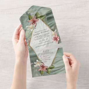 Invitation Tout En Un Vert, Crème, Draps De Soie Et Fleurs De Pinkish