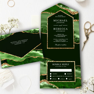 Invitation Tout En Un Vert émeraude et or Mariage Marbre Agate