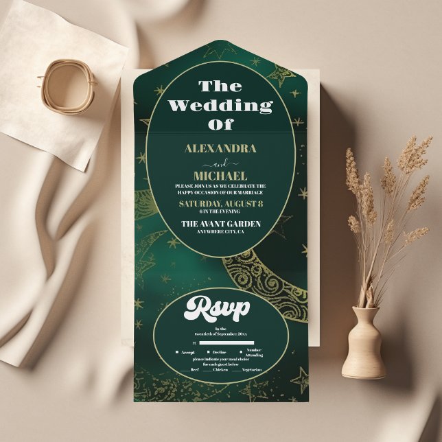 Invitation Tout En Un Vert Émeraude Or Céleste Mariage (Créateur téléchargé)