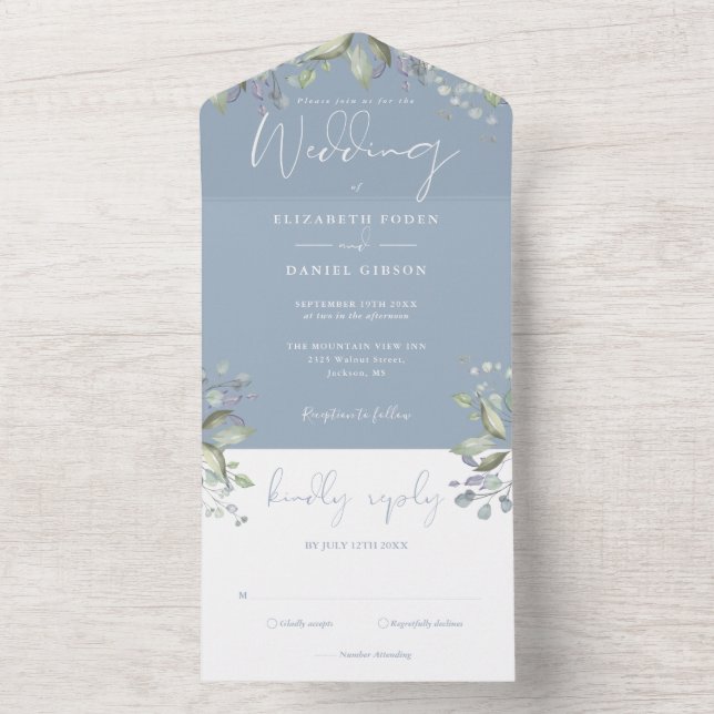 Invitation Tout En Un Vert Floral Élégant Script Dusty Blue Mariage (À l'intérieur)