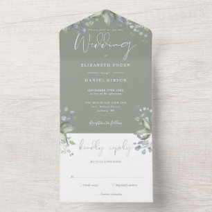 Invitation Tout En Un Vert Floral Élégant Script Sage Vert Mariage