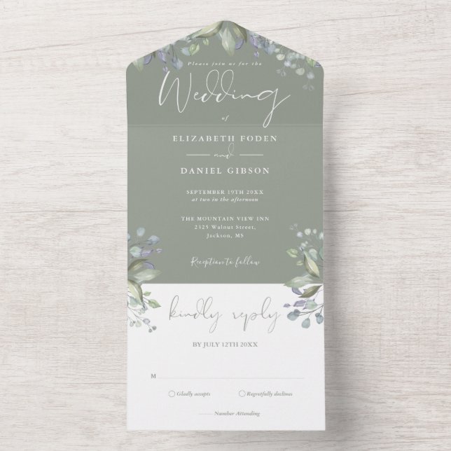 Invitation Tout En Un Vert Floral Élégant Script Sage Vert Mariage (À l'intérieur)