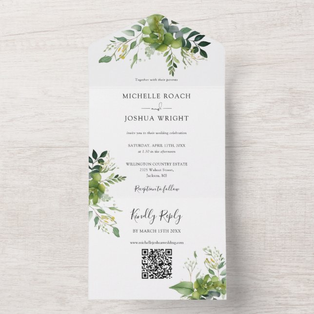 Invitation Tout En Un Vert Floral QR Code Élégant Monogramme Mariage (À l'intérieur)