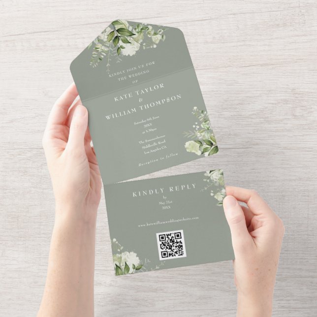 Invitation Tout En Un Vert Floral QR Code Sage Vert Mariage (Déchirure)