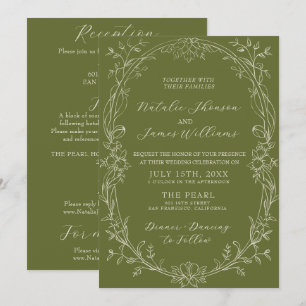 Invitation Tout en Un Vert Olive Floral Ancien Argent Mariage