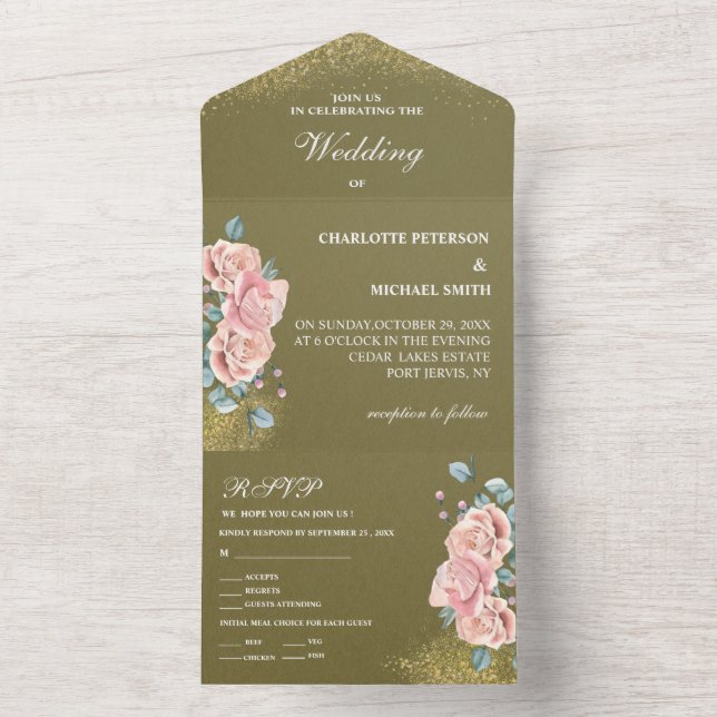 Invitation Tout En Un Vert Olivier Et Mariage Floral Rose (À l'intérieur)
