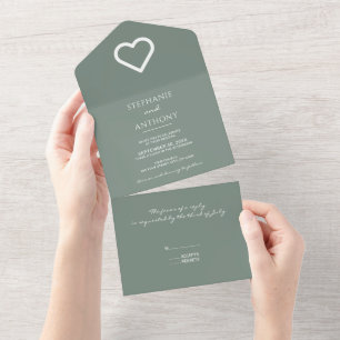 Invitation Tout En Un Vert Sage minimaliste avec Coeur Mariage moderne