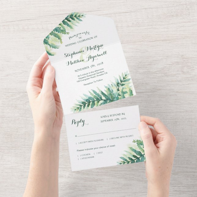 Invitation Tout En Un Verte Foliage Aquarelle Mariage botanique (Déchirure)