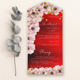 Invitation Tout En Un Vibrant rouge élégant rose Roses Mariage