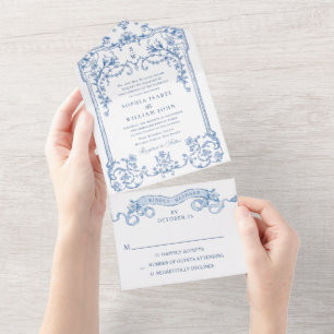 Invitation Tout En Un Victorien Ornate Grace Floral Dusty Mariage bleu