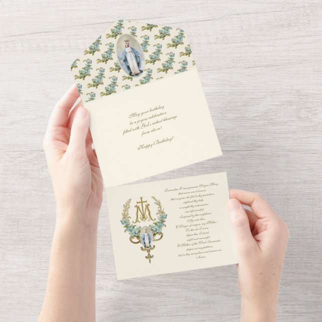 Invitation Tout En Un Vierge religieuse Marie Bleu Floral Anniversaire  (Déchirure)