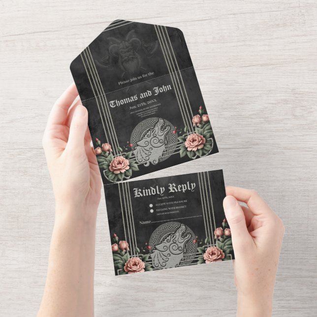 Invitation Tout En Un Viking Wolf & Rose. Une tête de loup stylisée (Déchirure)