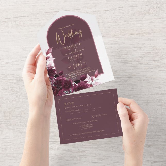 Invitation Tout En Un Vin Bourgogne Rose Gold Mariage (Déchirure)
