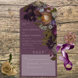 Invitation Tout En Un Vin de Bourgogne foncé gothique Floral Pas de dîne