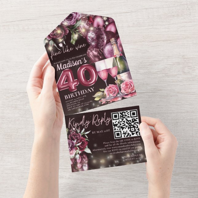 Invitation Tout En Un Vin fin 40e Anniversaire Rsvp QR Code (Déchirure)