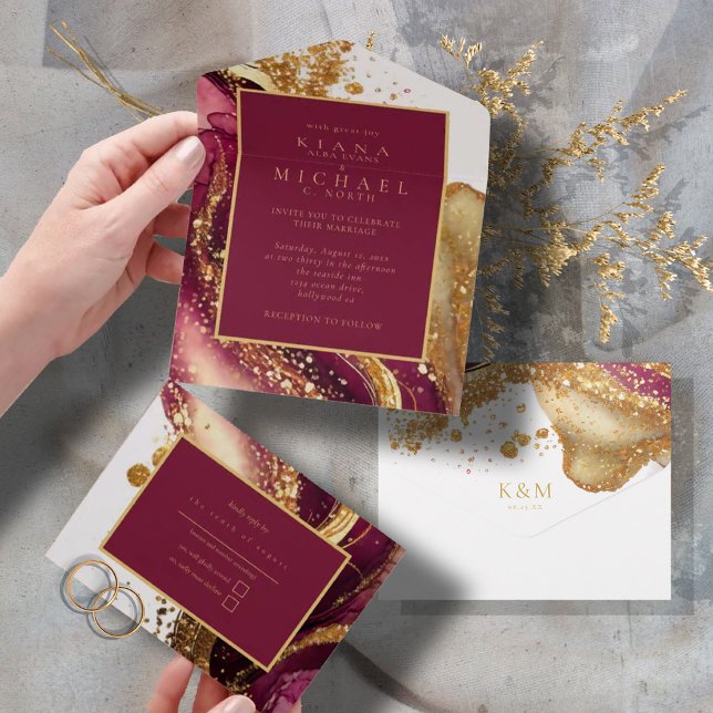 Invitation Tout En Un Vin rouge Mariage Abstrait Sparkling ID1018 (Créateur téléchargé)